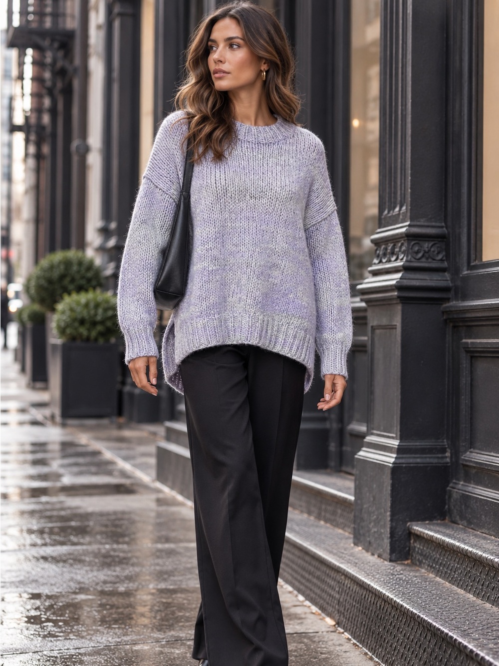 DEREK LAM Lavender and Green Striped Chunky Oversized Wool Blend Sweater, 10